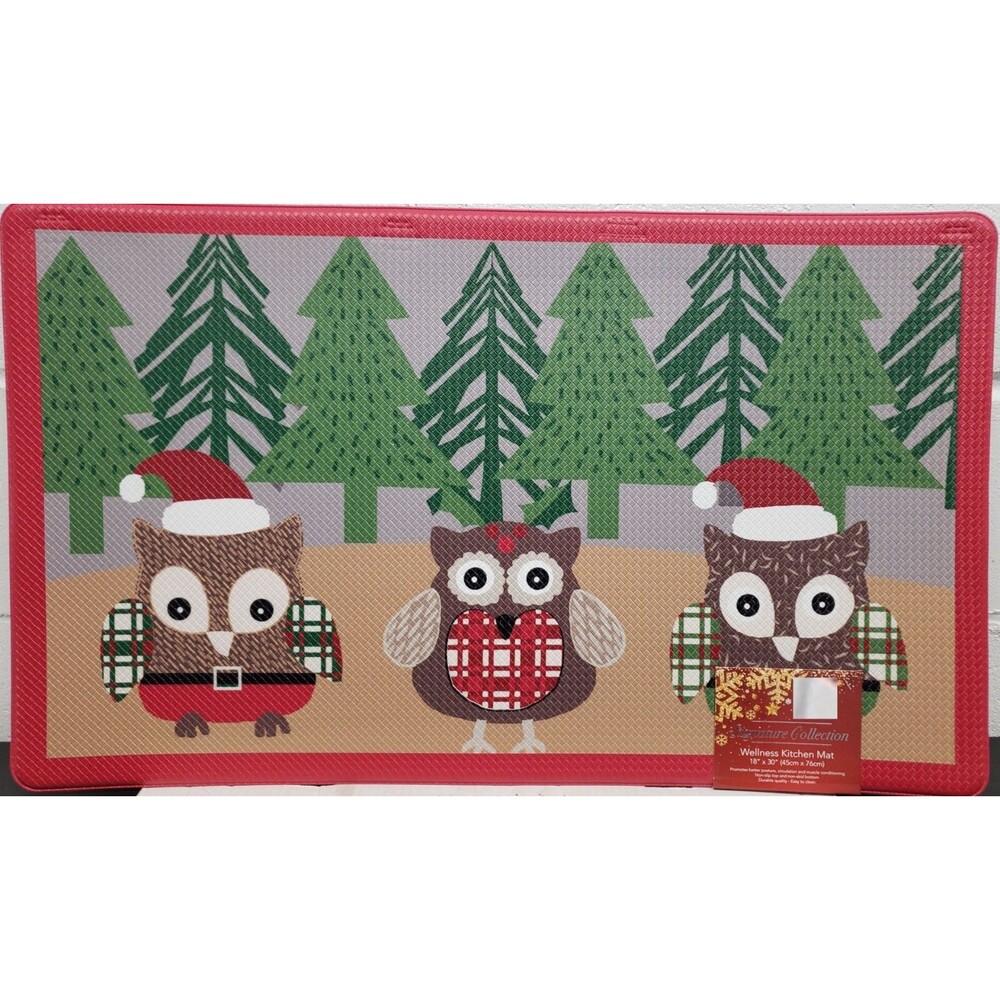 ANTI-FATIGUE NONSLIP FLOOR MAT (18" x 30") 3 WINTER OWLS & CHRISTMAS TREES, Sig